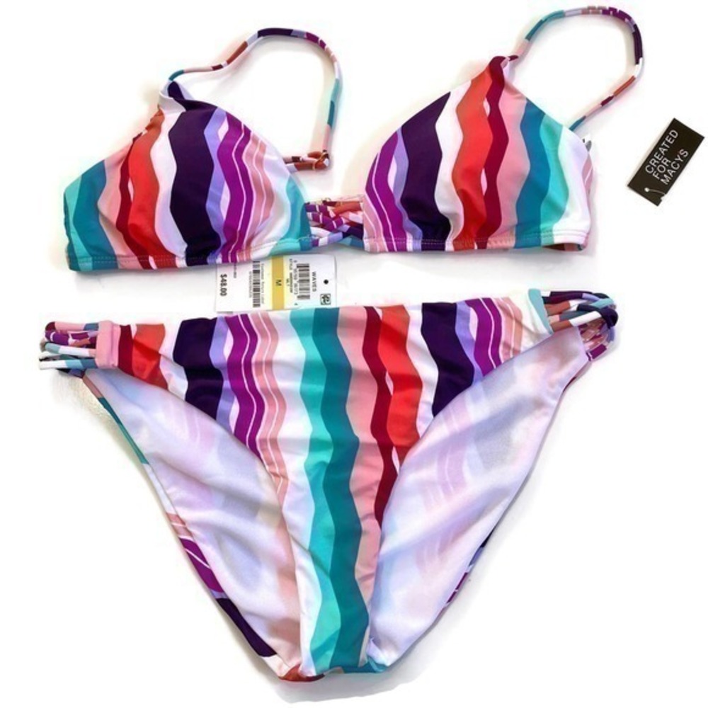 Bar III Waves Printed Strappy Bralette Bikini Set